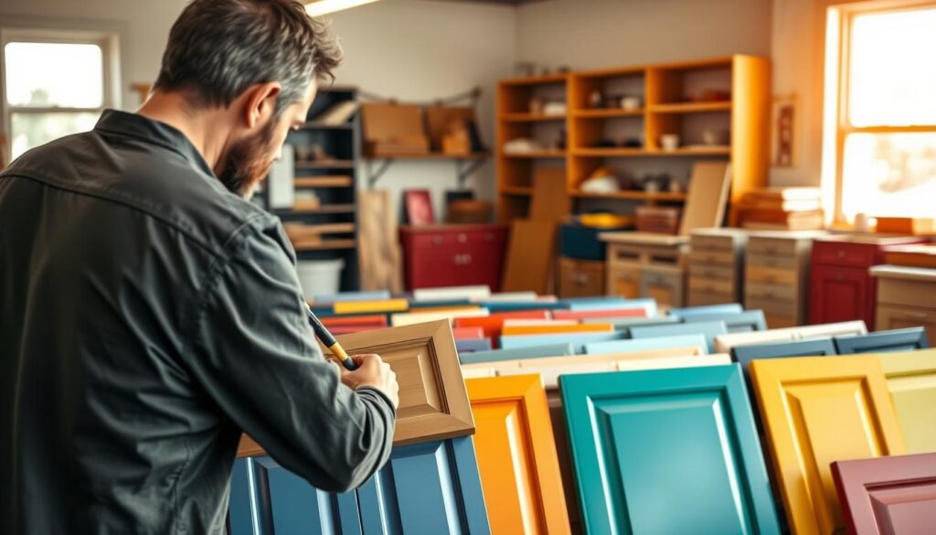 A well-organized cabinet painting service workshop in Calgary, Canada. In the foreground, a skilled painter expertly brushes a smooth, even coat of high-quality paint onto a wooden cabinet door, meticulously attending to every detail. The middle ground showcases an array of freshly painted cabinet doors in a variety of vibrant, trendy colors, arranged neatly for inspection. In the background, the workshop is bathed in warm, natural lighting from large windows, creating a welcoming, professional atmosphere. The scene conveys a sense of craftsmanship, attention to detail, and a commitment to transforming kitchens with a fresh, rejuvenated look.