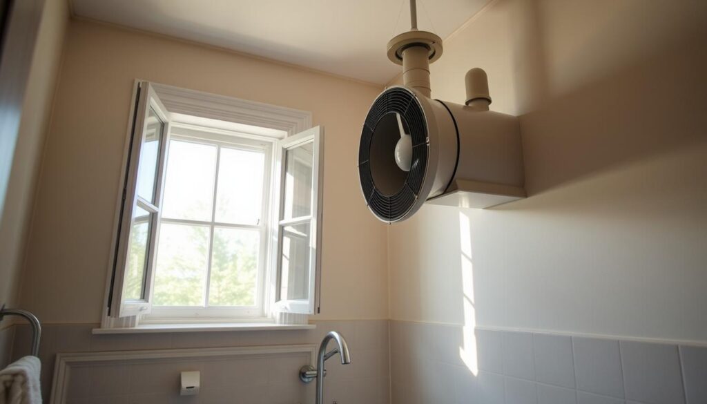 A well-ventilated bathroom with an open window, allowing a gentle breeze to circulate. The room is bathed in soft, natural lighting, casting a warm glow on the freshly painted walls. A high-quality exhaust fan is strategically positioned, efficiently removing excess moisture and fumes. The scene conveys a sense of balance, with the ventilation system working harmoniously to create a comfortable, healthy environment for the homeowner during and after the painting process.