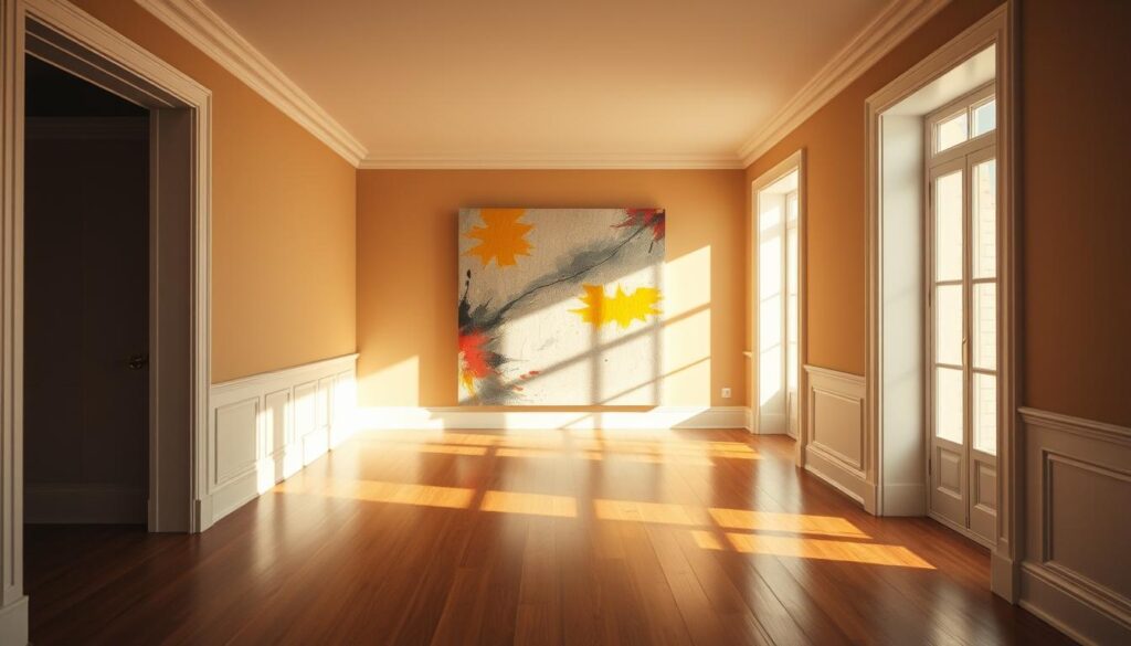 A wide, sun-drenched hallway with warm, inviting tones. The wooden floors gleam, leading the eye down the expansive passage. Crisp white trim and molding contrast against the soft, earthy walls, creating a sense of timeless elegance. Soft, indirect lighting casts a gentle glow, illuminating the textured surface of a large abstract painting that dominates the center of the frame. The painting's bold brushstrokes and vibrant colors inject a modern, artistic flair into the traditional setting. The overall scene exudes a harmonious balance of classic and contemporary, beckoning the viewer to explore the space further.