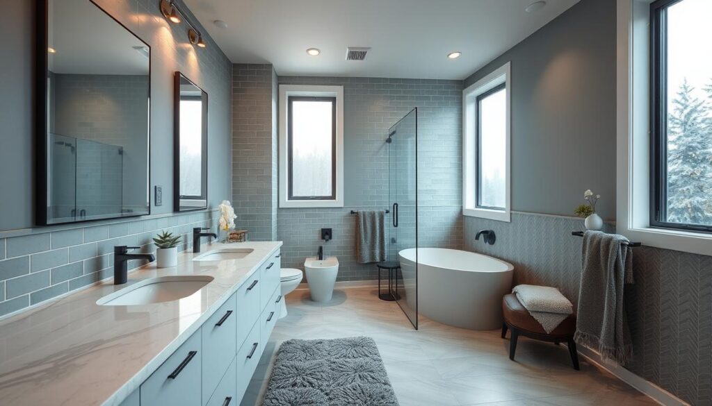 An elegantly designed modern bathroom in Calgary, featuring a calming palette of soft blues, earthy greens, and warm neutrals. Sleek vanity with a quartz countertop and matte black fixtures, complemented by subway tile in a herringbone pattern on the walls. Soft, diffused lighting from recessed ceiling fixtures and a large window, creating a spa-like atmosphere. Plush bath mat and fluffy towels in coordinating shades. The overall aesthetic is both sophisticated and inviting, perfectly suited for the humid climate of Calgary.