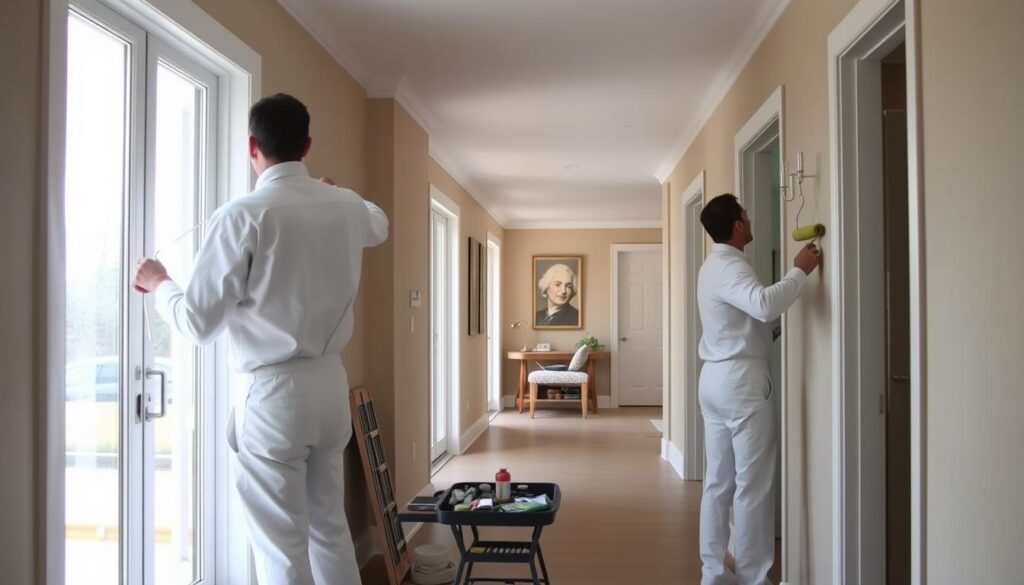 Hallway of a modern Calgary home, illuminated by soft natural light filtering through large windows. In the foreground, two professional painters in white coveralls, meticulously applying paint with rollers to the walls, creating a smooth, even finish. In the middle ground, various painting tools and equipment neatly organized on a small workbench. The background showcases the transformation, with a freshly painted hallway featuring a warm, neutral color palette that enhances the space's elegant, welcoming atmosphere. The scene conveys a sense of skilled craftsmanship and attention to detail, capturing the essence of a hallway makeover in a Calgary home.