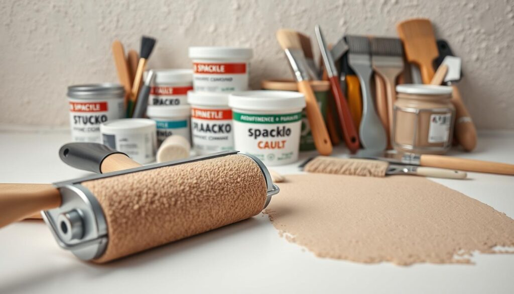 Hyper-realistic close-up view of an assortment of professional stucco painting tools and materials on a clean white surface. Prominent in the foreground are a high-quality paint roller, a large stucco brush, and a metal paint tray filled with thick, textured stucco paint in a warm neutral tone. The middle ground features neatly organized containers of spackle, caulk, and joint compound, as well as a variety of paintbrushes and putty knives. The background is subtly blurred, creating a sense of depth and focus on the essential stucco painting supplies. Soft, even lighting from above illuminates the textured surfaces, highlighting their tactile qualities.