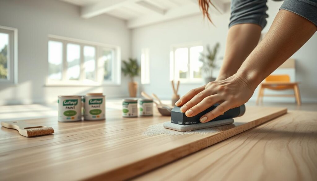 Hyper-realistic scene of an eco-friendly paint surface preparation process. In the foreground, a person is carefully sanding a smooth wooden surface, using a high-quality sanding block. The mid-ground features an assortment of eco-friendly paint cans and brushes, with a warm, natural lighting illuminating the scene. In the background, a spacious, minimalist interior with large windows, allowing natural light to flood the room. The overall atmosphere is one of eco-consciousness, simplicity, and attention to detail, perfectly capturing the essence of the DIY tips for painting with eco-friendly products.