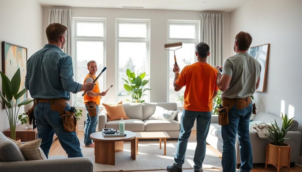 Professional painters dressed in work attire, standing in a well-lit residential living room, painting the walls with high-quality brushes and rollers. The room features modern furniture, plants, and natural lighting streaming in through large windows. The painters work together efficiently, demonstrating their expertise and attention to detail. The scene conveys a sense of professionalism, skill, and the dedication required to transform a living space through exceptional painting services in Calgary.