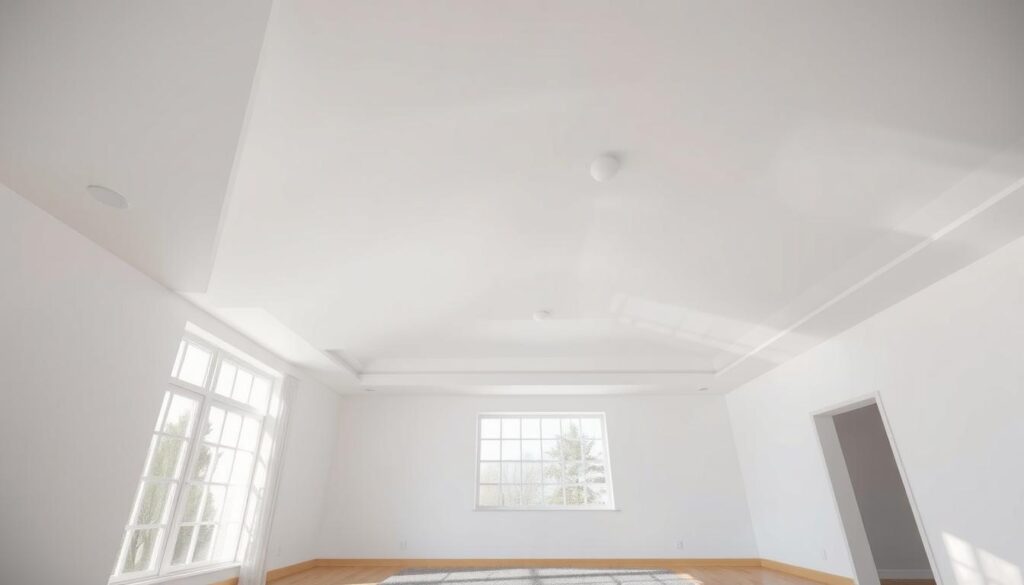 Radiant ceiling in a bright, airy room, natural light streaming through large windows, clean white walls, warm wooden accents, plush gray area rug, meticulously painted ceiling in a gleaming, pristine white hue, creating a sense of spaciousness and tranquility, every detail sharply in focus, hyper-realistic rendering, cinematic lighting, high-resolution, photographic quality