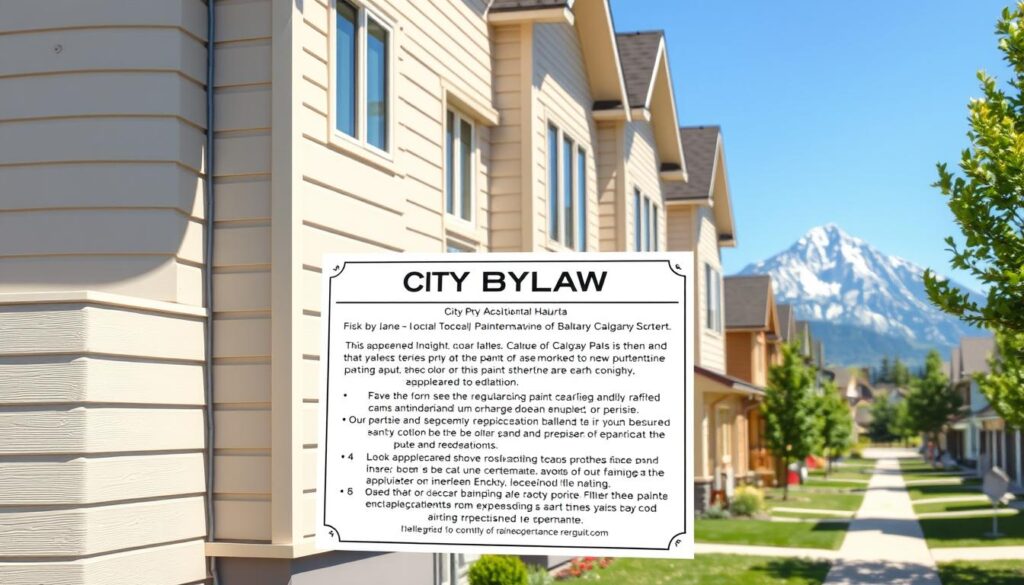 a detailed architectural illustration of the exterior of a residential building in Calgary, Alberta, Canada, showcasing the city's painting regulations and guidelines. The building's facade features a well-maintained, neutral-colored paint scheme with clean lines and a harmonious design. In the foreground, a city bylaw notice is prominently displayed, outlining the specific color palettes, paint types, and application techniques required by local authorities. The mid-ground depicts a neighborhood street with other homes, demonstrating the consistent, cohesive aesthetic mandated by the regulations. The background captures the iconic Rocky Mountain skyline, providing a scenic contrast to the precise, regulated nature of the painting requirements. The lighting is crisp and natural, highlighting the textural details of the building materials and the clarity of the bylaw information. The overall scene conveys a sense of order, community standards, and civic pride in Calgary's residential architecture.