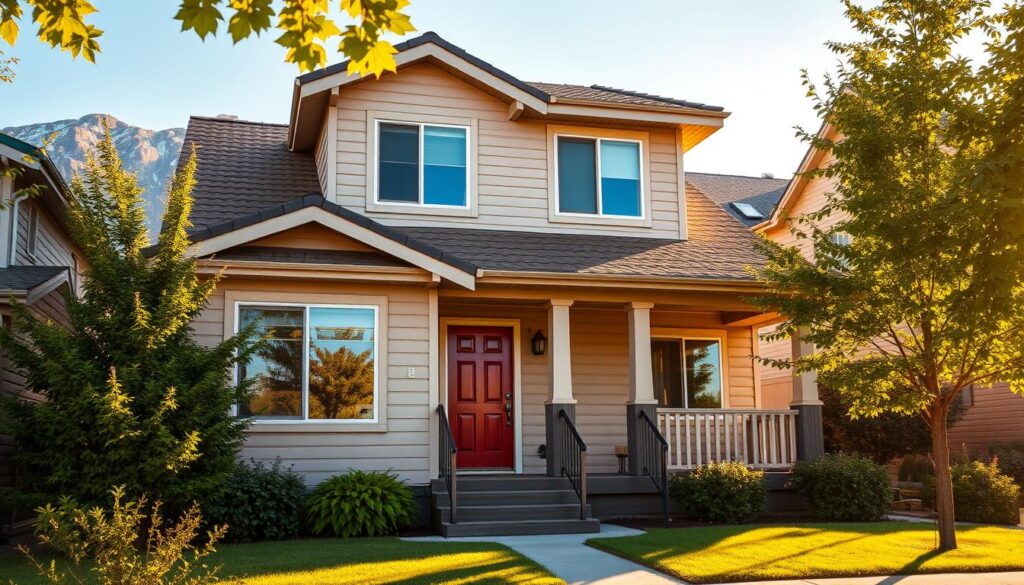 a detailed exterior shot of a cozy two-story house in Calgary, Canada, with a well-maintained facade and pristine paint job. The house is framed by lush greenery and a picturesque mountain backdrop, bathed in warm, golden sunlight that casts soft shadows. The front door is painted in a rich, vibrant color that complements the neutral tones of the siding. The windows glisten, and the roof tiles are neatly arranged. The landscaping is immaculate, with a well-tended lawn and carefully pruned shrubbery. The overall scene conveys a sense of pride, care, and a welcoming atmosphere, perfectly suited for a home in the heart of Calgary.