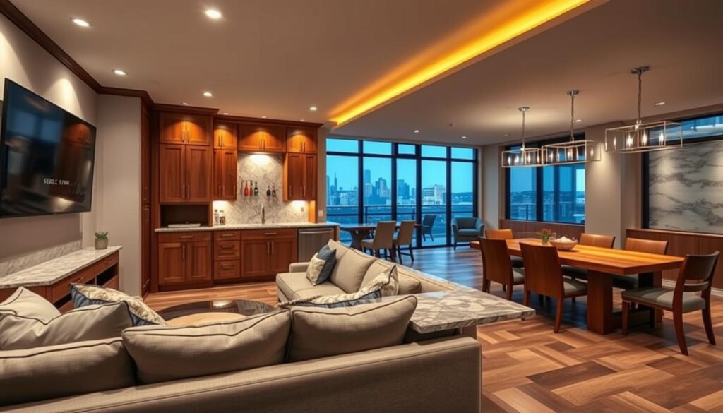 a highly detailed, hyper-realistic 8K image of a finished basement renovation in Calgary, Canada. The foreground shows a cozy living room with a plush sectional sofa, a large flatscreen TV mounted on the wall, and custom built-in shelving units. The middle ground features a fully equipped wet bar with gleaming marble countertops, wooden cabinetry, and modern stainless steel appliances. The background showcases an open concept dining area with a rustic wooden dining table and chairs, complemented by warm accent lighting and large windows overlooking the Calgary skyline. The overall atmosphere is one of elegant sophistication and functional livability, showcasing the transformative potential of a basement renovation in this vibrant Canadian city.