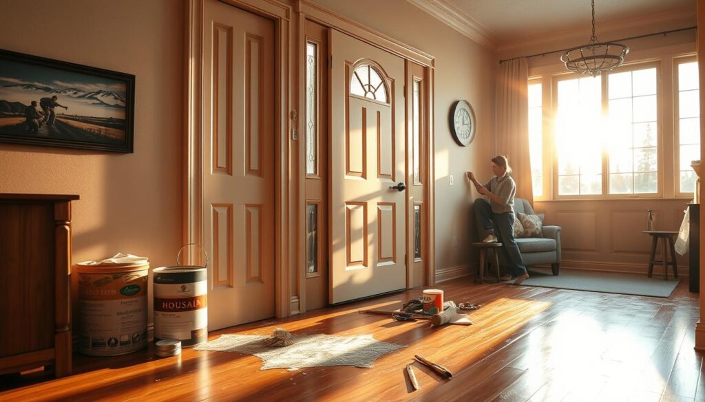 a highly detailed, hyper-realistic photograph of a door being refurbished in a Calgary home, with the homeowner carefully sanding and prepping the surface before painting. The door is situated in a well-lit entryway, the hardwood floors gleaming. Warm light streams in through large windows, casting a golden glow on the scene. The tools of the trade - sandpaper, brushes, paint cans - are neatly arranged, ready for the next steps. The atmosphere conveys a sense of care, attention to detail, and the pride of home improvement.