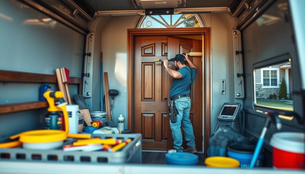 a highly detailed, hyper-realistic photograph of an affordable door painting service in Calgary, Alberta, Canada. The image shows a well-equipped painter's truck in the foreground, with neatly organized painting supplies and tools. In the middle ground, a skilled painter is carefully applying a fresh coat of paint to a wooden front door, using a high-quality brush and paint roller. The background features a well-maintained residential neighborhood, with other homes and manicured lawns visible. The lighting is natural and warm, creating a welcoming atmosphere. The overall scene conveys the professionalism and attention to detail of a reliable door painting service that caters to the needs of Calgary homeowners.