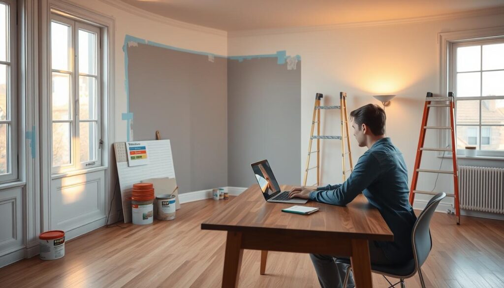 a hyper realistic interior of a room, with a person booking a painting project on a laptop computer, the room is well-lit with warm, natural lighting from large windows, the walls are partially covered in painter's tape and drop cloths, paint cans and brushes are visible, a painting ladder is in the corner, the person is sitting at a modern wooden desk, the room has clean, minimalist design with light hardwood floors, white walls, and contemporary furniture