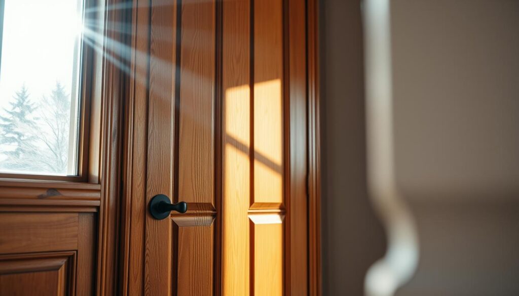 a well-lit, high-resolution photograph of a beautifully refurbished wooden door in a Calgary home, taken from a slightly low angle to emphasize the textural details of the door's surface. The door is painted in a warm, earthy tone that complements the surrounding architecture. Sunlight streams in through a nearby window, casting a soft, natural glow on the door and accentuating its refined craftsmanship. The background is blurred, focusing the viewer's attention on the intricate details of the door's hardware, panels, and grain. The overall mood is one of timeless elegance and seasonal warmth, perfectly capturing the essence of door painting in the Calgary climate.