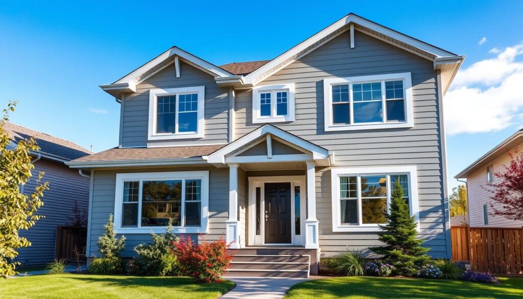 exterior house painting with cost estimate on the facade of a two-story residential home in Calgary, Alberta, Canada, on a sunny day with a clear blue sky, realistic 3D render, high-quality photorealistic image, meticulously detailed architectural elements, precise shadows and lighting, precise textures and materials, showcasing the specific costs of an exterior painting project in Calgary