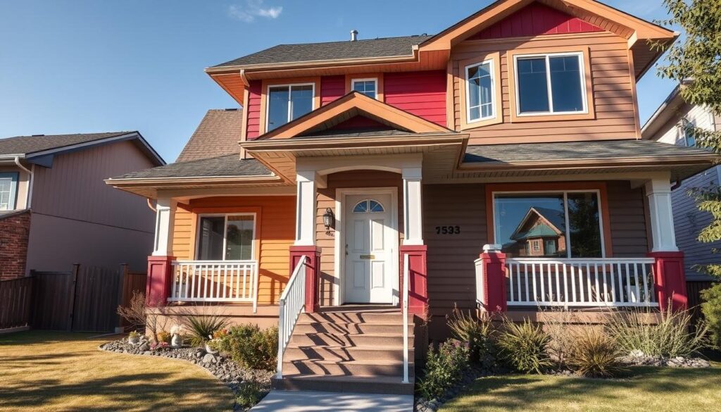 exterior painting of a residential house in Calgary, Alberta, Canada on a sunny day with a vibrant and colorful exterior paint job, showcasing popular color trends for Calgary homes, such as warm earthy tones, soft pastels, and bold accents, captured from a mid-range angle with a wide-angle lens to emphasize the architectural details and the surrounding landscape, with natural lighting creating dynamic shadows and highlights to enhance the realistic, hyper-detailed appearance of the scene.
