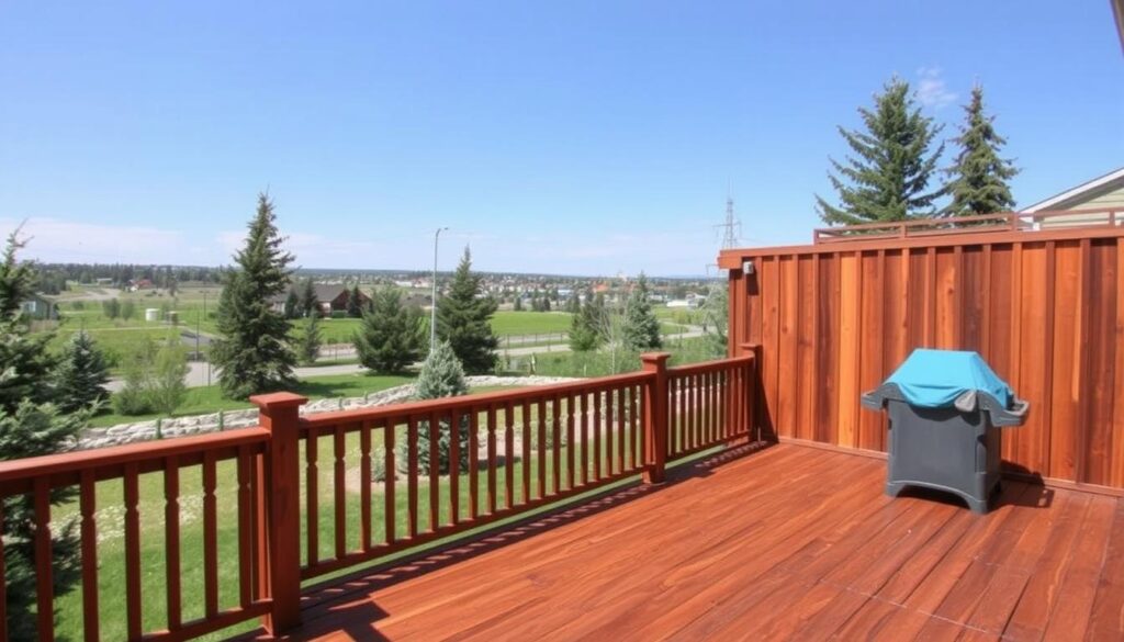 Beautiful stained deck and fence in Calgary backyard