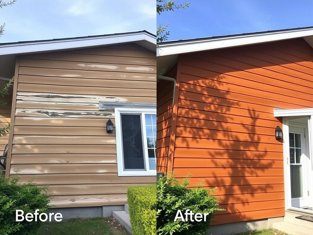 Before and after comparison of wood painting on Calgary home exterior
