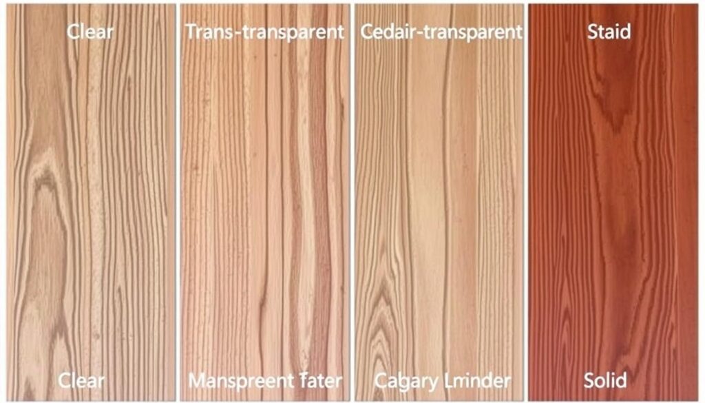 Different wood stain opacity levels applied to Calgary cedar decking
