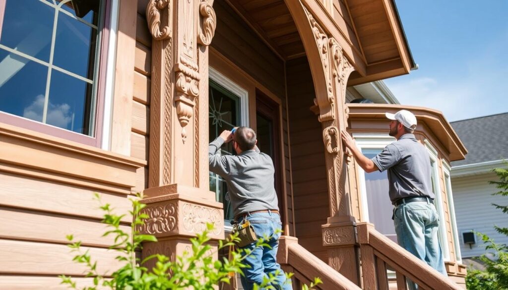 Local Calgary painters working on a heritage home's wood exterior
