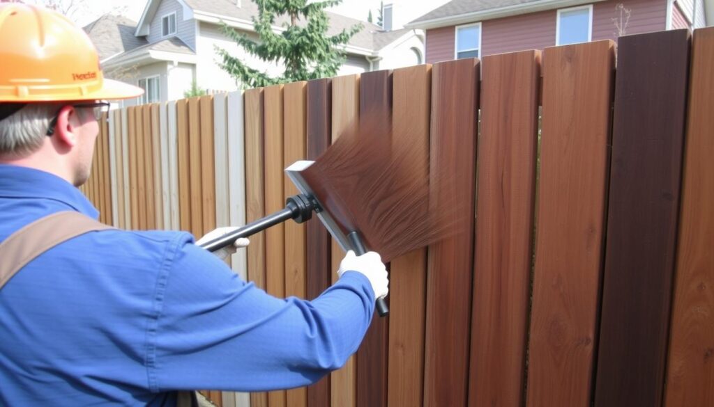 Professional fence staining in a Calgary neighborhood