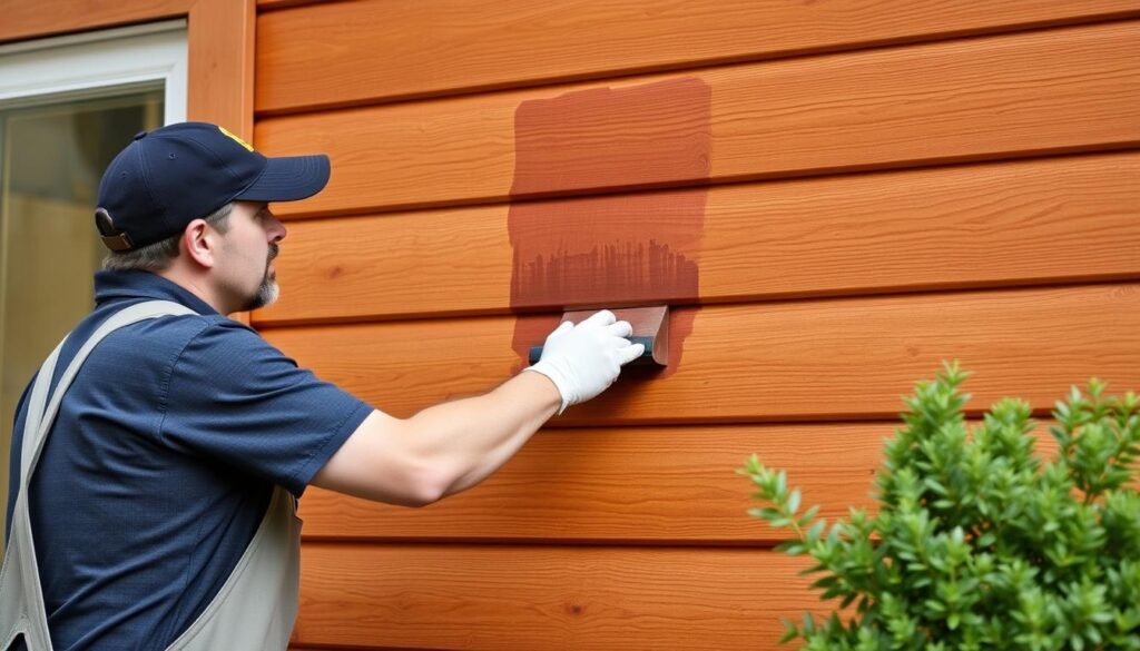 Professional painter applying stain to cedar siding in Calgary