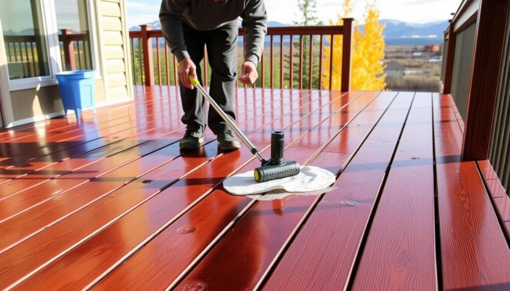 Seasonal maintenance of stained wood deck in Calgary